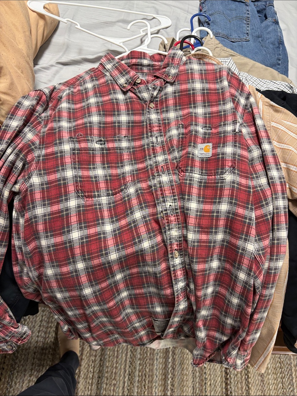 Carhartt Red and White Plaid Button-Down Work Shirt